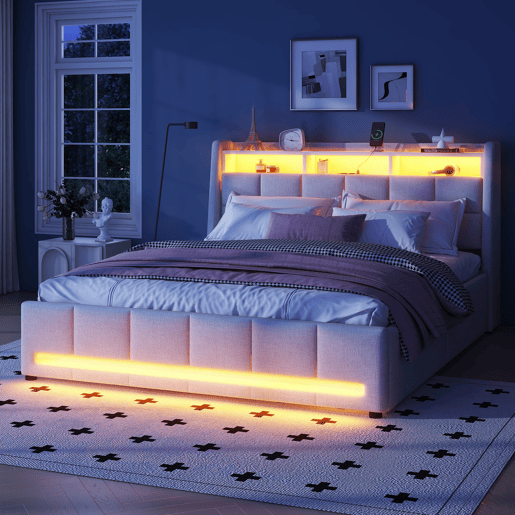 Cama de casal em tecido de linho 140x200 cm - com 2 gavetas + LED + tomada USB - Bege
