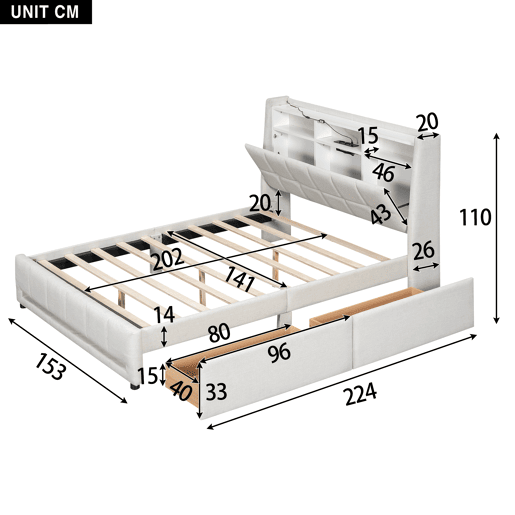 Cama de casal em tecido de linho 140x200 cm - com 2 gavetas + LED + tomada USB - Bege