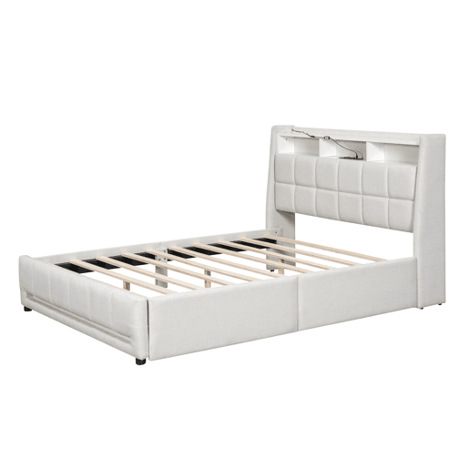 Cama de casal em tecido de linho 140x200 cm - com 2 gavetas + LED + tomada USB - Bege