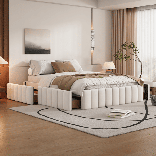 Cama estofada 140x200cm em veludo sem cabeceira - com gavetas e estrado de molas - Bege