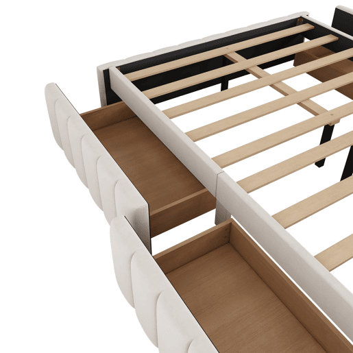 Cama estofada 140x200cm em veludo sem cabeceira - com gavetas e estrado de molas - Bege