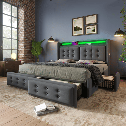 Cama para adultos 180x200cm em tecido de linho - com LED e portas de carregamento - 4 gavetas - Cinzento