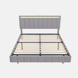 Cama para adultos 160x200 cm - cama flutuante com LED e 2 portas USB + estrado - tecido de linho - Cinzento
