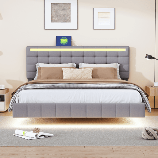Cama para adultos 160x200 cm - cama flutuante com LED e 2 portas USB + estrado - tecido de linho - Cinzento