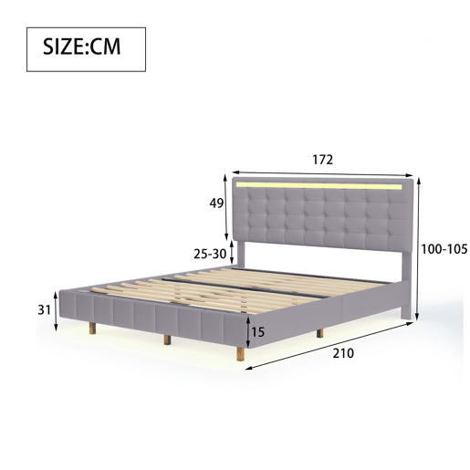 Cama para adultos 160x200 cm - cama flutuante com LED e 2 portas USB + estrado - tecido de linho - Cinzento