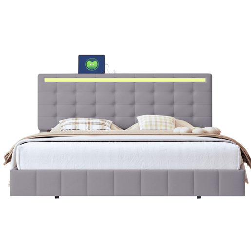 Cama para adultos 160x200 cm - cama flutuante com LED e 2 portas USB + estrado - tecido de linho - Cinzento