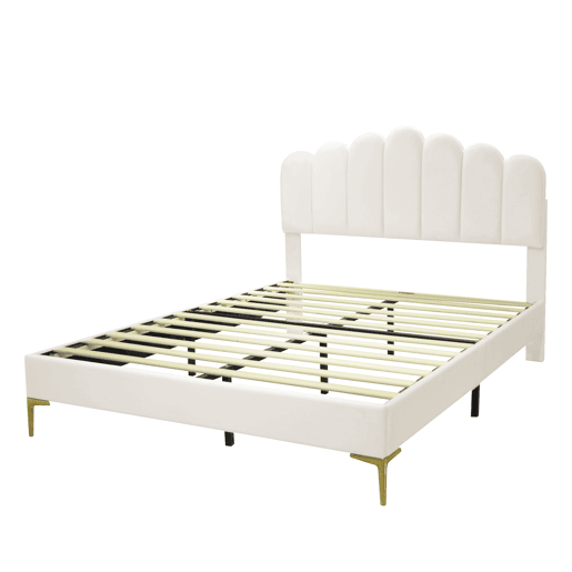 Cama estofada em veludo 140x200cm com estrado de ripas - cabeceira regulável - bege