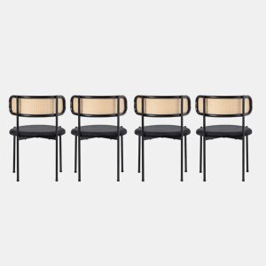 Conjunto de 4 cadeiras de veludo e rotim - pernas de metal - Preto