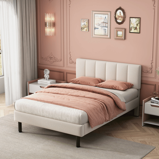 Cama 140x190cm estofada em sherpa - com estrado de molas - Bege