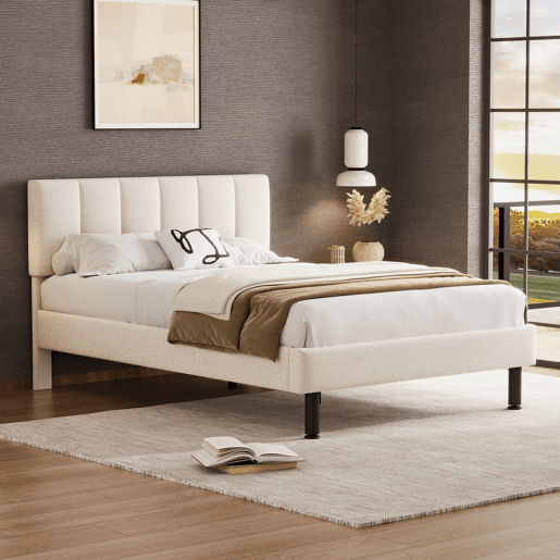 Cama 140x190cm estofada em sherpa - com estrado de molas - Bege