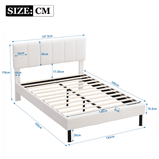 Cama 140x190cm estofada em sherpa - com estrado de molas - Bege