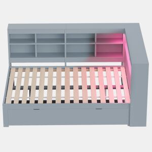 Cama de madeira maciça com arrumação 140x200 cm - com tomadas LED e USB - Cinzento