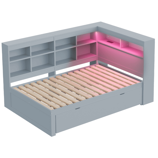 Cama de madeira maciça com arrumação 140x200 cm - com tomadas LED e USB - Cinzento