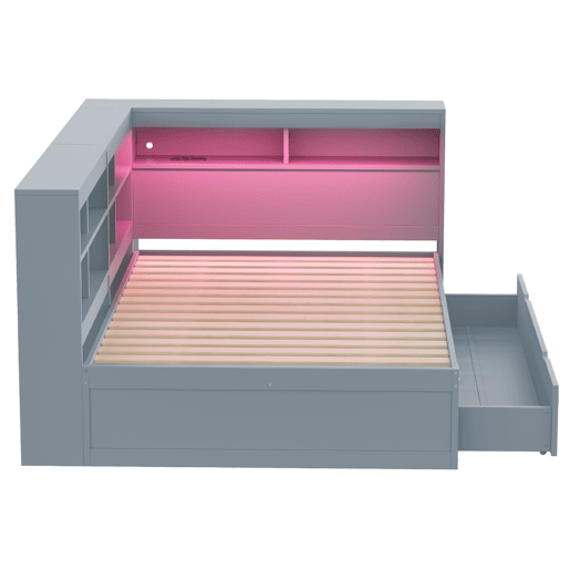 Cama de madeira maciça com arrumação 140x200 cm - com tomadas LED e USB - Cinzento