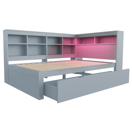 Cama de madeira maciça com arrumação 140x200 cm - com tomadas LED e USB - Cinzento