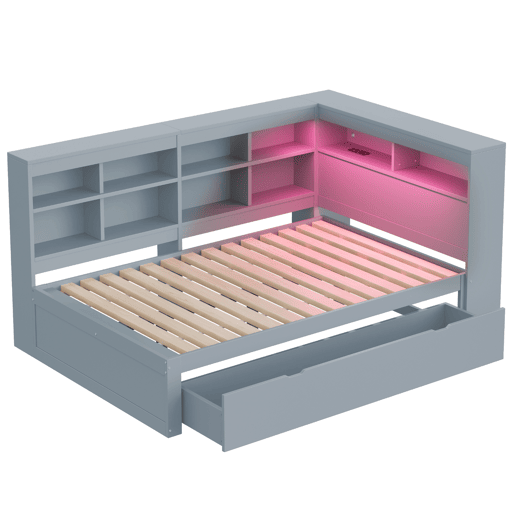 Cama de madeira maciça com arrumação 140x200 cm - com tomadas LED e USB - Cinzento