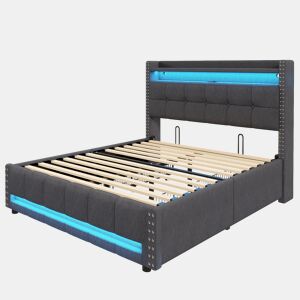 Cama de adulto com gavetas 140x200 cm em linho - com LED e tomada USB - com estrado de ripas - Cinzento