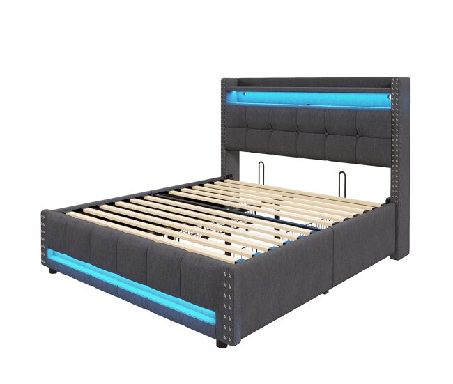 Cama para adultos con cajones 140x200 cm de lino - con led y toma usb - con somier - gris