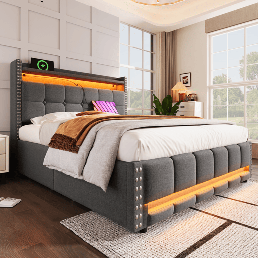 Cama de adulto com gavetas 140x200 cm em linho - com LED e tomada USB - com estrado de ripas - Cinzento Cama de adulto com gavetas 140x200 cm em linho - com LED e tomada USB - com estrado de ripas - Cinzento