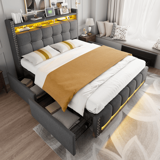 Cama de adulto com gavetas 140x200 cm em linho - com LED e tomada USB - com estrado de ripas - Cinzento Cama de adulto com gavetas 140x200 cm em linho - com LED e tomada USB - com estrado de ripas - Cinzento