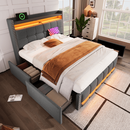 Cama de adulto com gavetas 140x200 cm em linho - com LED e tomada USB - com estrado de ripas - Cinzento Cama de adulto com gavetas 140x200 cm em linho - com LED e tomada USB - com estrado de ripas - Cinzento
