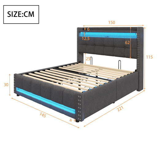 Cama de adulto com gavetas 140x200 cm em linho - com LED e tomada USB - com estrado de ripas - Cinzento Cama de adulto com gavetas 140x200 cm em linho - com LED e tomada USB - com estrado de ripas - Cinzento