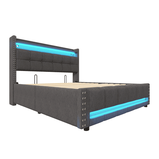 Cama de adulto com gavetas 140x200 cm em linho - com LED e tomada USB - com estrado de ripas - Cinzento Cama de adulto com gavetas 140x200 cm em linho - com LED e tomada USB - com estrado de ripas - Cinzento