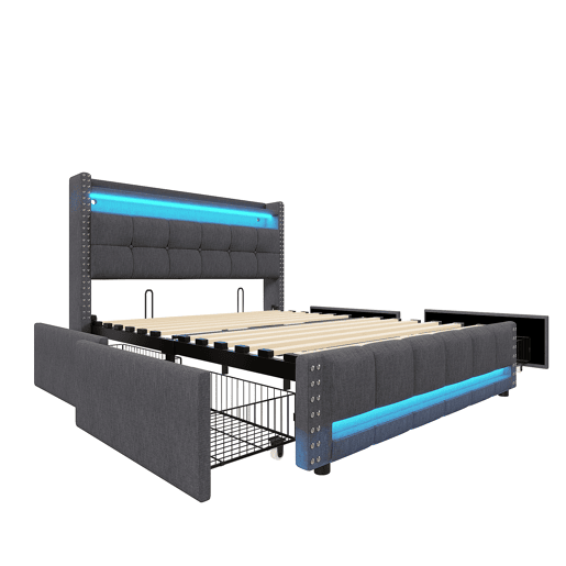 Cama de adulto com gavetas 140x200 cm em linho - com LED e tomada USB - com estrado de ripas - Cinzento Cama de adulto com gavetas 140x200 cm em linho - com LED e tomada USB - com estrado de ripas - Cinzento