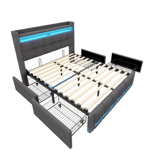 Cama de adulto com gavetas 140x200 cm em linho - com LED e tomada USB - com estrado de ripas - Cinzento Cama de adulto com gavetas 140x200 cm em linho - com LED e tomada USB - com estrado de ripas - Cinzento