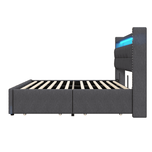 Cama de adulto com gavetas 140x200 cm em linho - com LED e tomada USB - com estrado de ripas - Cinzento Cama de adulto com gavetas 140x200 cm em linho - com LED e tomada USB - com estrado de ripas - Cinzento