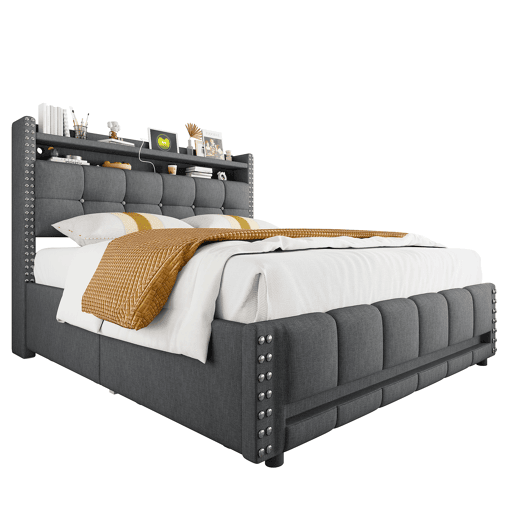 Cama de adulto com gavetas 140x200 cm em linho - com LED e tomada USB - com estrado de ripas - Cinzento Cama de adulto com gavetas 140x200 cm em linho - com LED e tomada USB - com estrado de ripas - Cinzento