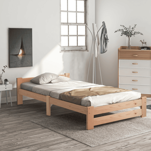 Cama individual de madeira maciça 90x200cm com cabeceira e estrado de molas - Natural