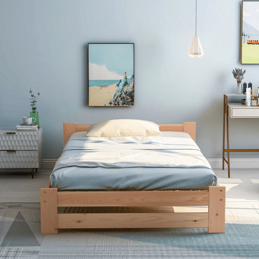 Cama individual de madeira maciça 90x200cm com cabeceira e estrado de molas - Natural