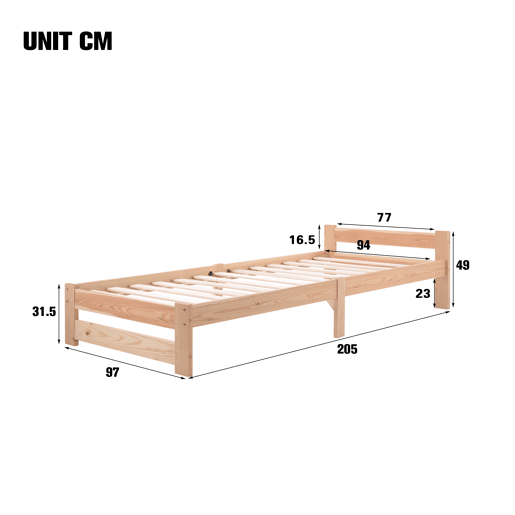 Cama individual de madeira maciça 90x200cm com cabeceira e estrado de molas - Natural