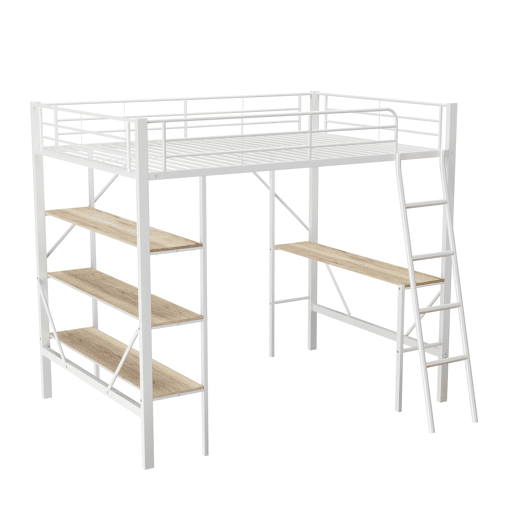 Cama mezzanine em ferro - 90x200cm - com secretária e 3 prateleiras - Branco