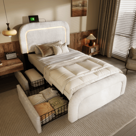 Cama individual estofada Sherpa com 2 gavetas - 90x200cm - com LED e portas de carregamento - Branco
