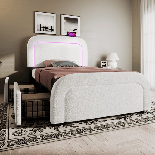 Cama individual estofada Sherpa com 2 gavetas - 90x200cm - com LED e portas de carregamento - Branco