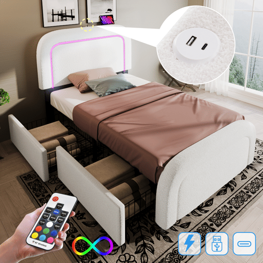 Cama individual estofada Sherpa com 2 gavetas - 90x200cm - com LED e portas de carregamento - Branco