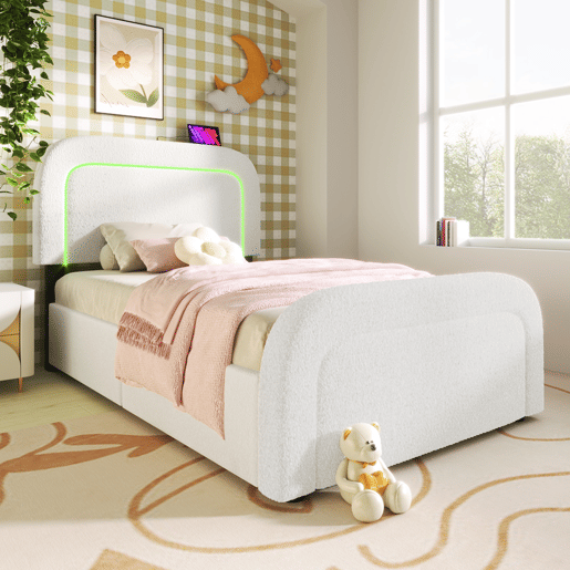 Cama individual estofada Sherpa com 2 gavetas - 90x200cm - com LED e portas de carregamento - Branco