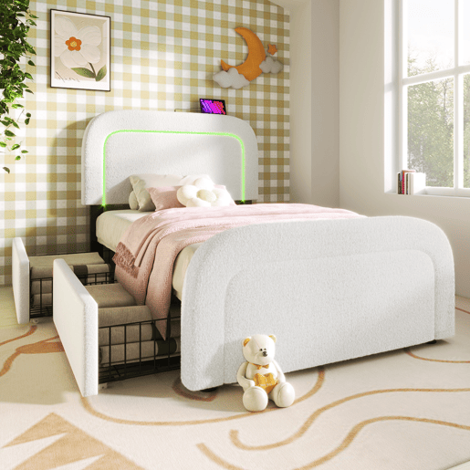 Cama individual estofada Sherpa com 2 gavetas - 90x200cm - com LED e portas de carregamento - Branco