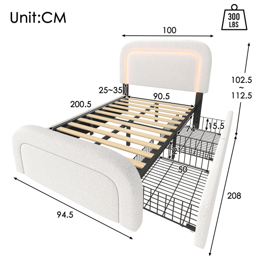 Cama individual estofada Sherpa com 2 gavetas - 90x200cm - com LED e portas de carregamento - Branco