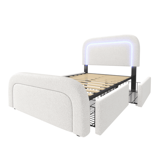 Cama individual estofada Sherpa com 2 gavetas - 90x200cm - com LED e portas de carregamento - Branco