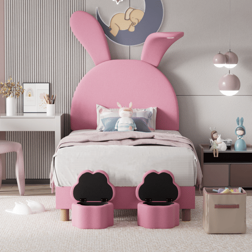 Cama de veludo para criança - 90x200 cm - orelhas de coelho dobráveis com LED - 2 bancos com arrumação - Rosa