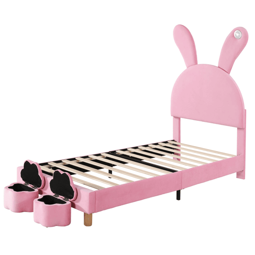 Cama de veludo para criança - 90x200 cm - orelhas de coelho dobráveis com LED - 2 bancos com arrumação - Rosa