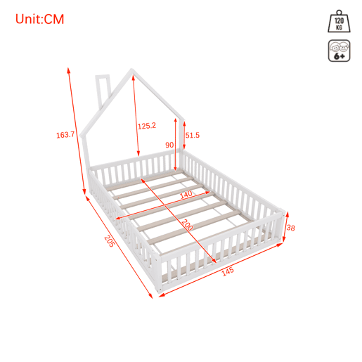 Cama de criança 140x200cm madeira maciça - com estrado - Branco