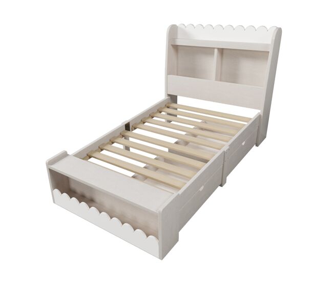 Cama individual de madera 90x200cm - con 2 cajones y estantes - blanca (colchón no incluido)