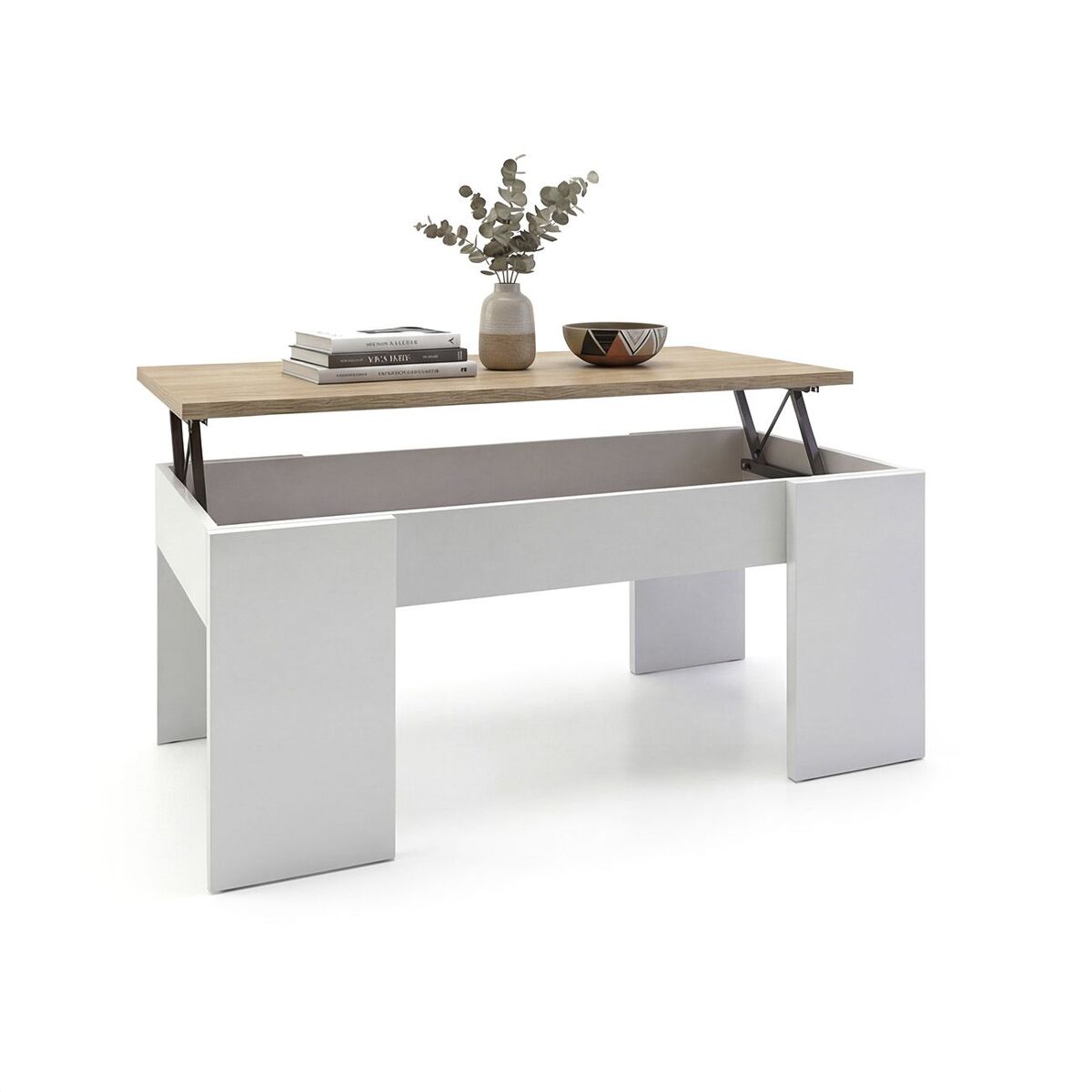 Mesa de centro elevable con almacenaje en blanco artick y roble canadian 100x45-56 cm vita blanco artik (blanco mate) - roble canadian 100 x 45 x cm