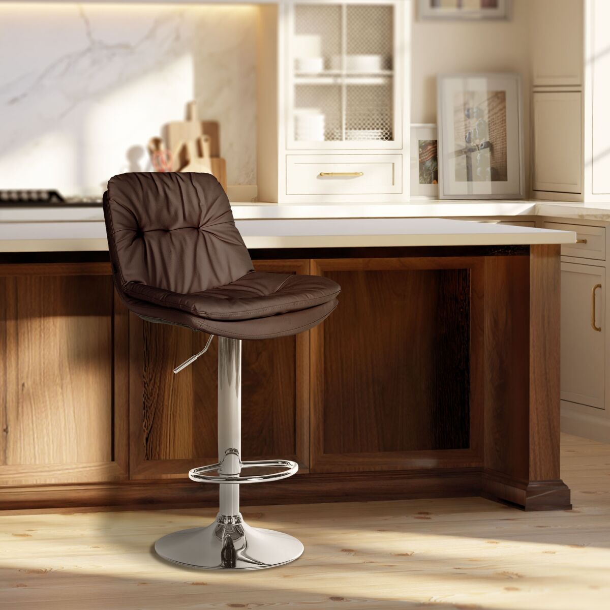 Taburete de bar laurel en polipiel simil cuero marrón 54x46x92 cm