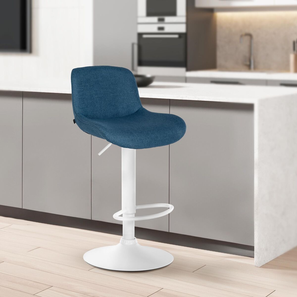 Taburete de bar solon blanco tela azul 50x50x85 cm