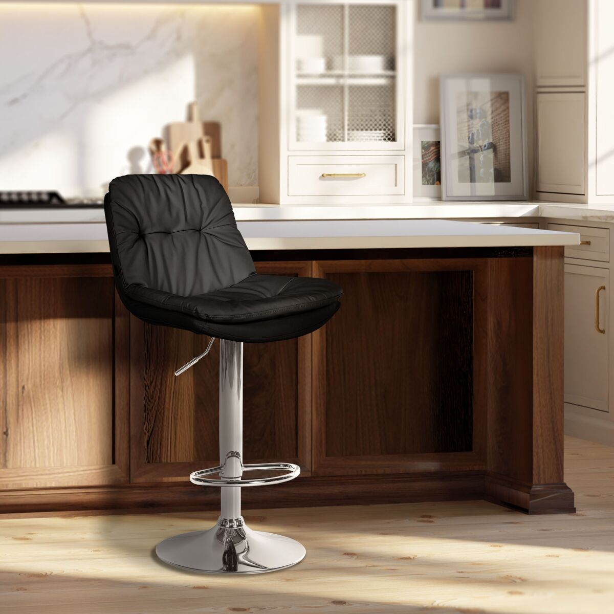 Taburete de bar laurel en polipiel simil cuero negro 54x46x92 cm